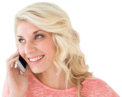 Smiling Blonde Woman Talking on Smartphone with Transparent Background