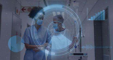 Nurse Assisting Patient in Futuristic Hospital with Digital HUD Display