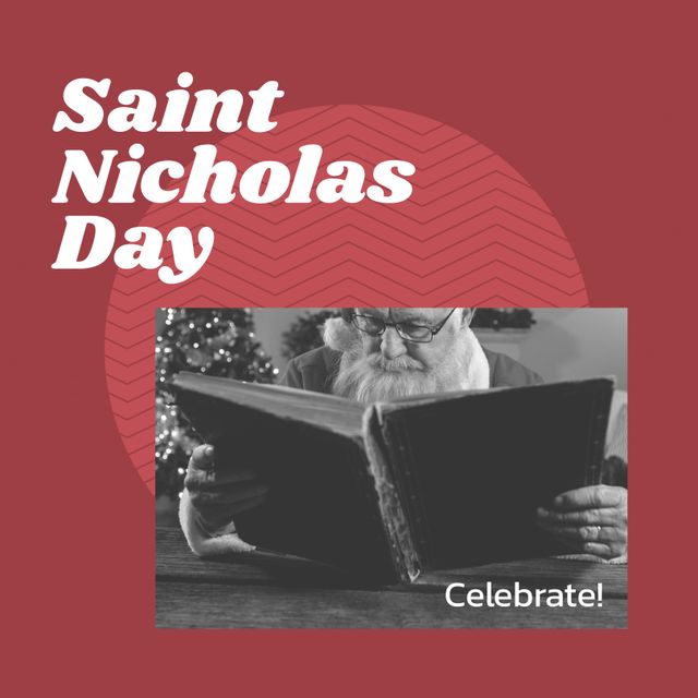 Image showing a senior man wearing Santa costume reading a book, celebrating Saint Nicholas Day. Ideal for use in seasonal greeting cards, holiday advertisements, social media posts, or articles about Christmas traditions. Conveys a festive and traditional holiday theme.