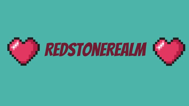 Capture attention with a digital graphic design of the RedstoneRealm logo, featuring pixelated red hearts and bold dark red text on a vivid blue background. This image is perfect for video game promotions, online forums, social media banners, or creating engaging digital content with a nostalgic, retro look.