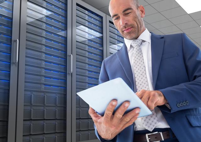 Businessman using digital tablet in server room, ideal for illustrating modern business technology, IT infrastructure, data management, and corporate environments. Useful for websites, brochures, and articles related to technology, business solutions, and IT services.