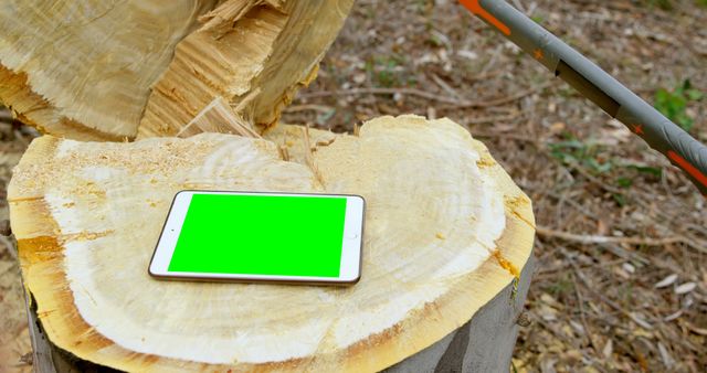 Tablet with green screen lying on a freshly cut tree stump in a forest outdoors. Displays semblance of technology and nature together. Suitable for presentations about environmental impact, outdoor technology use, or mockups for digital content.