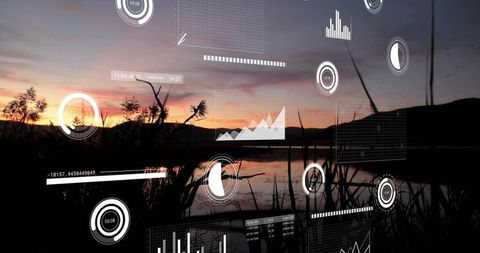Reflecting Sunset Lake Silhouette Displaying Augmented Reality Data Overlays with Calm Reed Silhouet