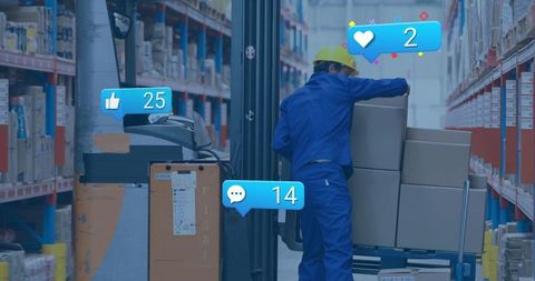 Warehouse Worker Steadying Boxes on Pallet Jack with Social Media Metrics Overlays