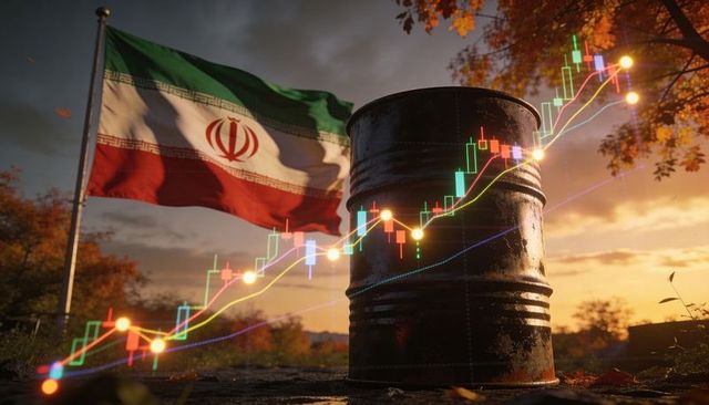 Iranian flag waving behind rusty oil barrel with rising candlestick chart in autumn sunset