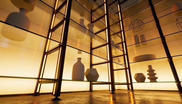 Backlit shelving with ladder displaying geometric sculptures and ceramic vases in amber light