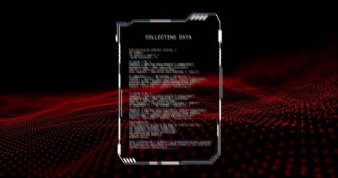 Holographic data panel collecting data over red particle grid with glitch distortion