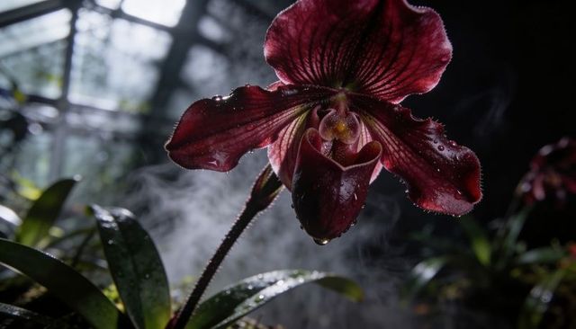 Glistening burgundy paphiopedilum slipper orchid with dew and misty backlit rim light macro