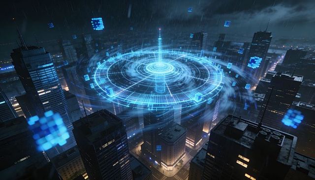 Holographic data beacon hovering over cyberpunk night cityscape with neon cubes