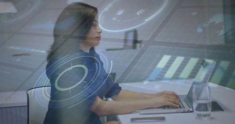 Woman Typing Analyzing Data on Futuristic Digital Interface