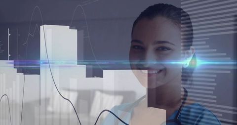 Smiling Doctor Analyzing Digital Healthcare Data with Technology Interface