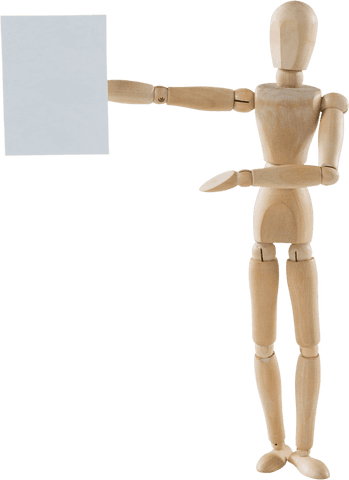 Wooden Mannequin Holding Blank White Board Transparent Background
