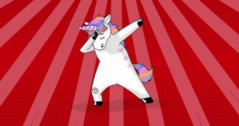 Playful unicorn dabbing under radial burst