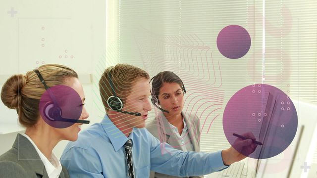 Business consultants using headsets and computers collaborate in modern office environment. Purple geometric shapes enhance setting by adding dynamic and futuristic digital touch. Suitable for promoting teamwork, professional services, innovation, and technology in business contexts, ideal for blog posts, corporate presentations, and technology solutions imagery.