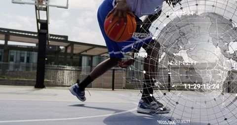 Dynamic basketball player dribbling with digital overlay innovating sports