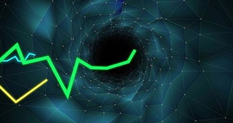 Neon wireframe vortex tunnel with glowing data lines and deep perspective
