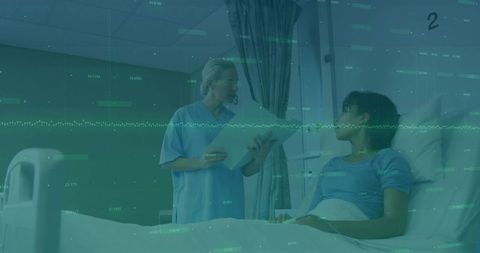 Nurse Reviewing Hospitalized Patient's Vitals with Digital Overlay