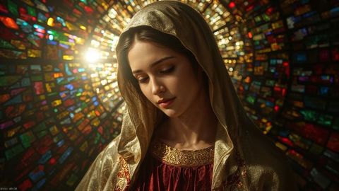 The virgin mary woman in gold cloak revered among stained glass radiance