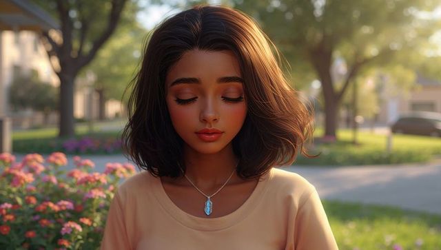 Serene woman meditating eyes closed in sunlit suburban garden wearing blue crystal pendant