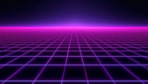 Neon wireframe grid receding toward magenta horizon retrofuturistic vaporwave scene
