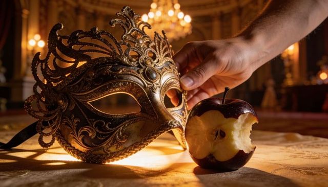 Venetian masquerade mask with bitten apple on opulent ballroom table