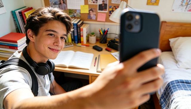 Teenage student taking selfie at dorm desk wearing headphones with open notebook and books