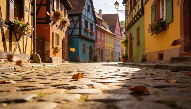Cobblestone Laneway Leading into Colorful Timber-Framed Town with Falling Autumn Leaves