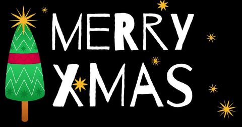Merry xmas text with christmas tree on black background