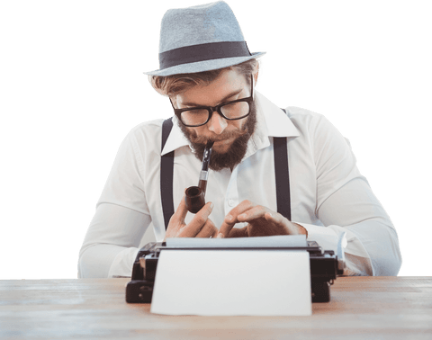 hipster in hat typing on typewriter with pipe, white background - Download Free Stock Videos Pikwizard.com