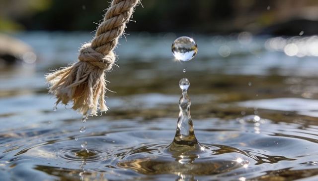 Hanging frayed rope shedding water droplets over sunlit pond with splash and ripples