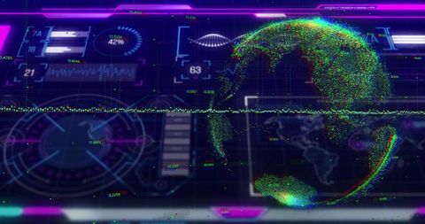 Holographic globe rotating over neon hud dashboard with point-cloud data visualization