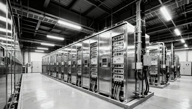 Stainless steel power distribution cabinets showing meters in modern industrial facility