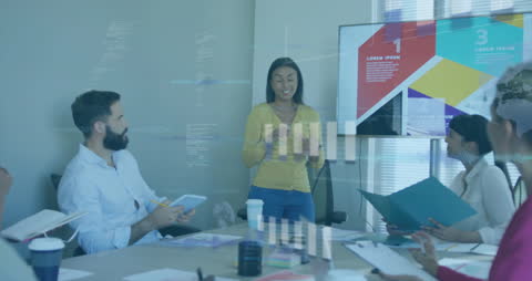 Business Meeting with Financial Data Display Overlay