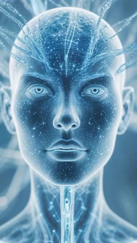 Pulsing neural network activating humanoid head revealing fiberoptic tendrils vertical AI clip