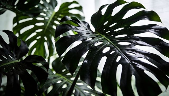 Monstera deliciosa leaf featuring glossy fenestrations and tropical greenery near window