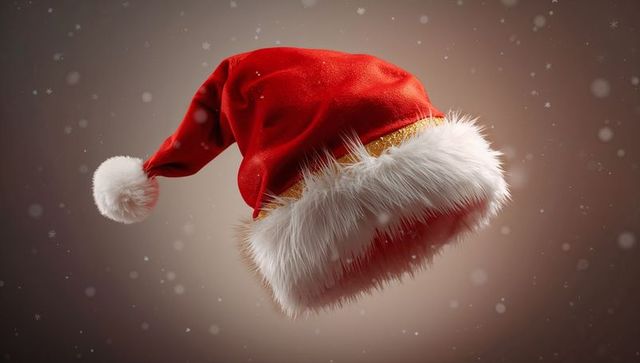 Floating red Santa hat with white fur trim and gold band, festive velvet closeup