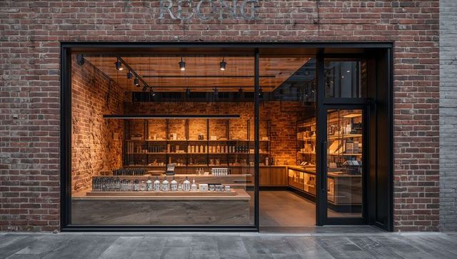 Urban boutique storefront with wood counters, exposed brick and industrial lighting