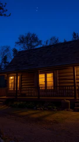 Vertical video of glowing orbs descending toward lit log cabin porch at twilight