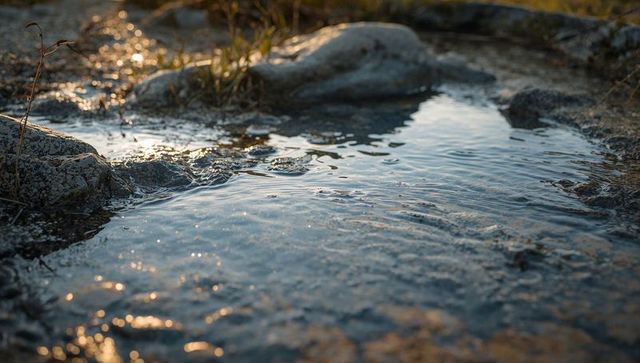 Glittering shallow pool with gentle ripples on lichen-covered rocky streambed at golden hour