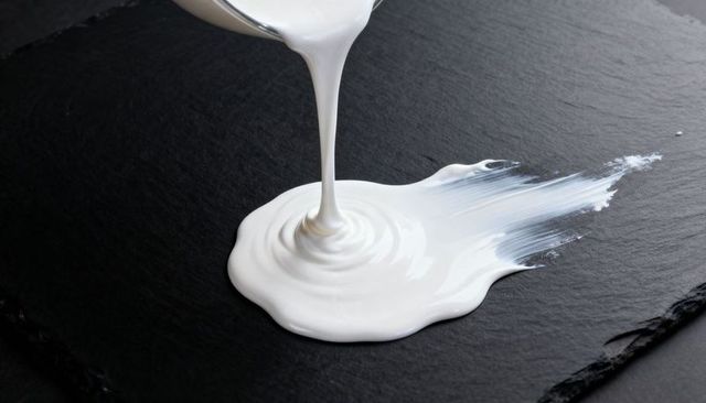 Glossy white cream pouring on dark slate board creating smooth viscous swirl brush stroke