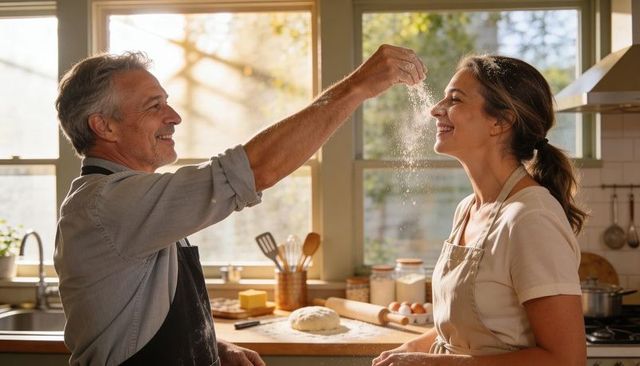 Middle-aged couple sprinkling flour while baking bread in cozy sunlit kitchen with aprons