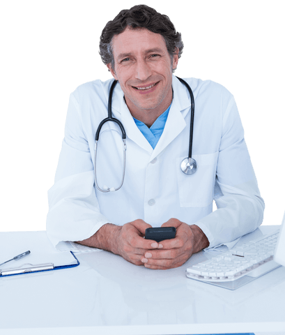 Confident Doctor in White Coat Holding Smartphone Transparent Background - Download Free Stock Videos Pikwizard.com
