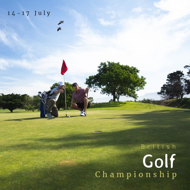 Date and text over caucasian male golf players pointing while crouching by golf flag against sky. digital composite, sport, nature, sportsperson, competition, match and traditional sport concept.