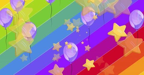 Floating Stars and Balloons Over Rainbow Background Illustration