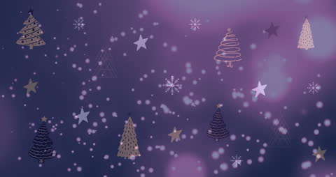 Animated Christmas Trees with Snowfall on Purple Background