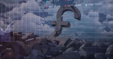 Collapsing british pound with interwoven financial data visualization