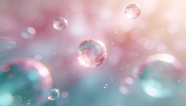Iridescent pastel orbs floating with bokeh glow and soft pink teal luminescent depth