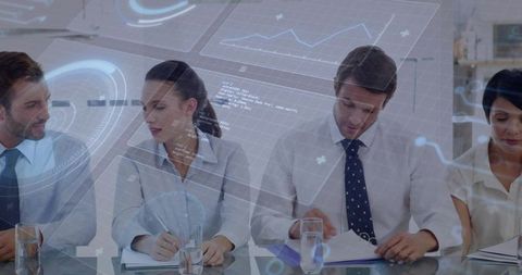 Business team analyzing financial reports with futuristic HUD overlay during boardroom meeting
