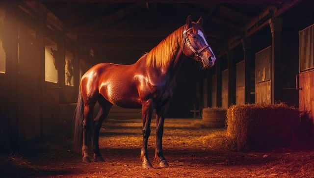 Majestic chestnut horse in rustic barn illuminated by sunlight