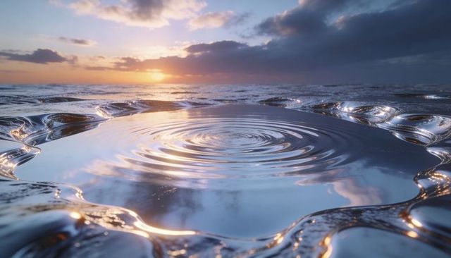 Sunset Ripples in Reflective Tide Pool with Shiny Rocky Edges and Concentric Rings